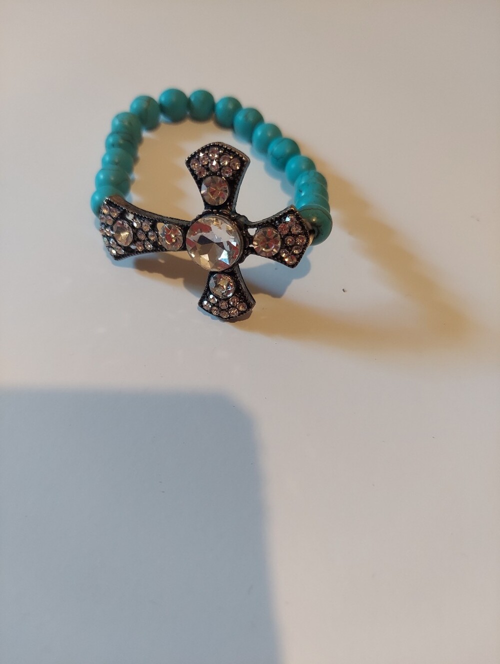 Turquoise Beaded Cross Stretch Bracelet with Crystal Accents